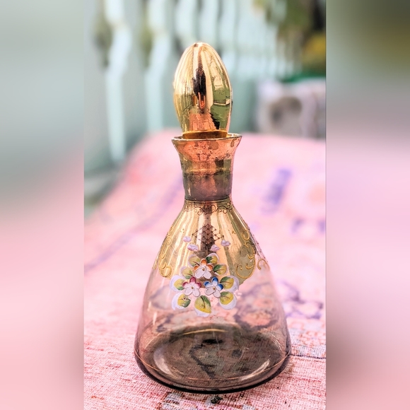 Other - Vintage Smokey floral glass decanter gold accents Bohemia Glass